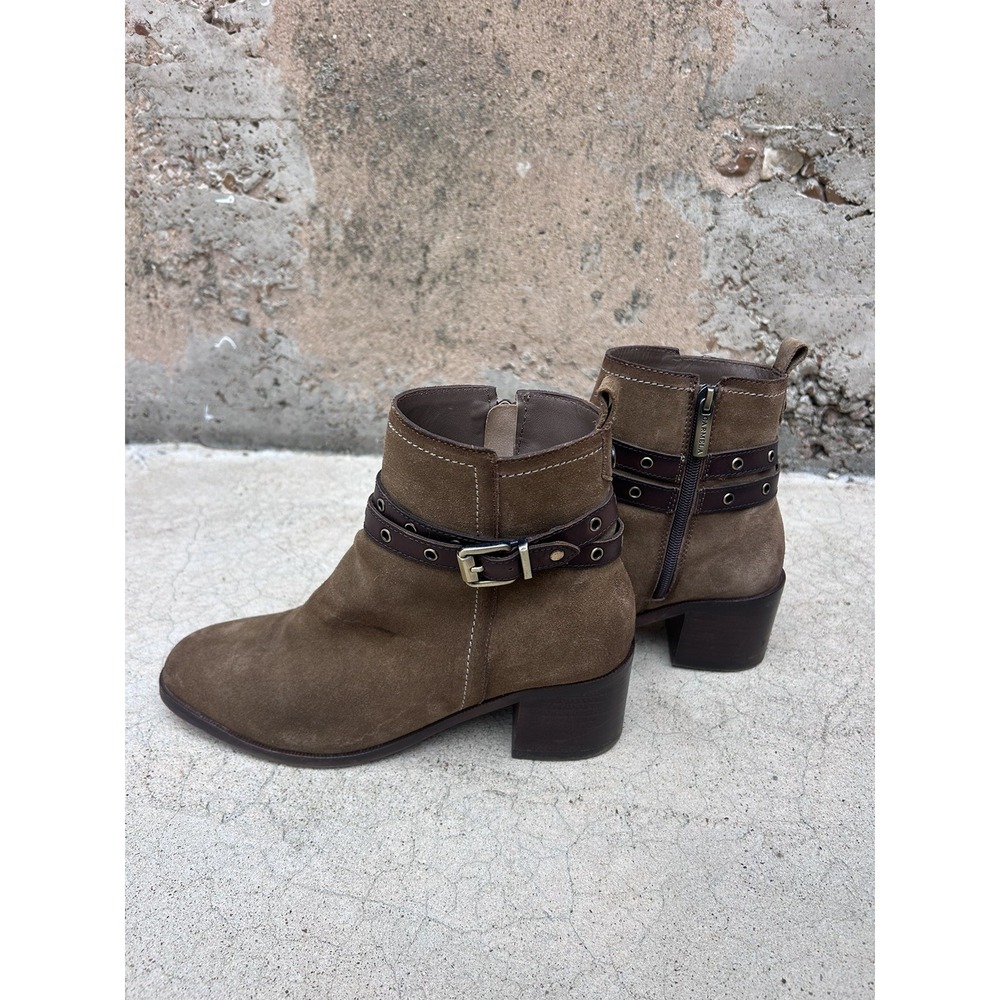 CARMELA Taupe Suede Ankle Booties With Studded Contrast Brown Top Strap Sz 10 42